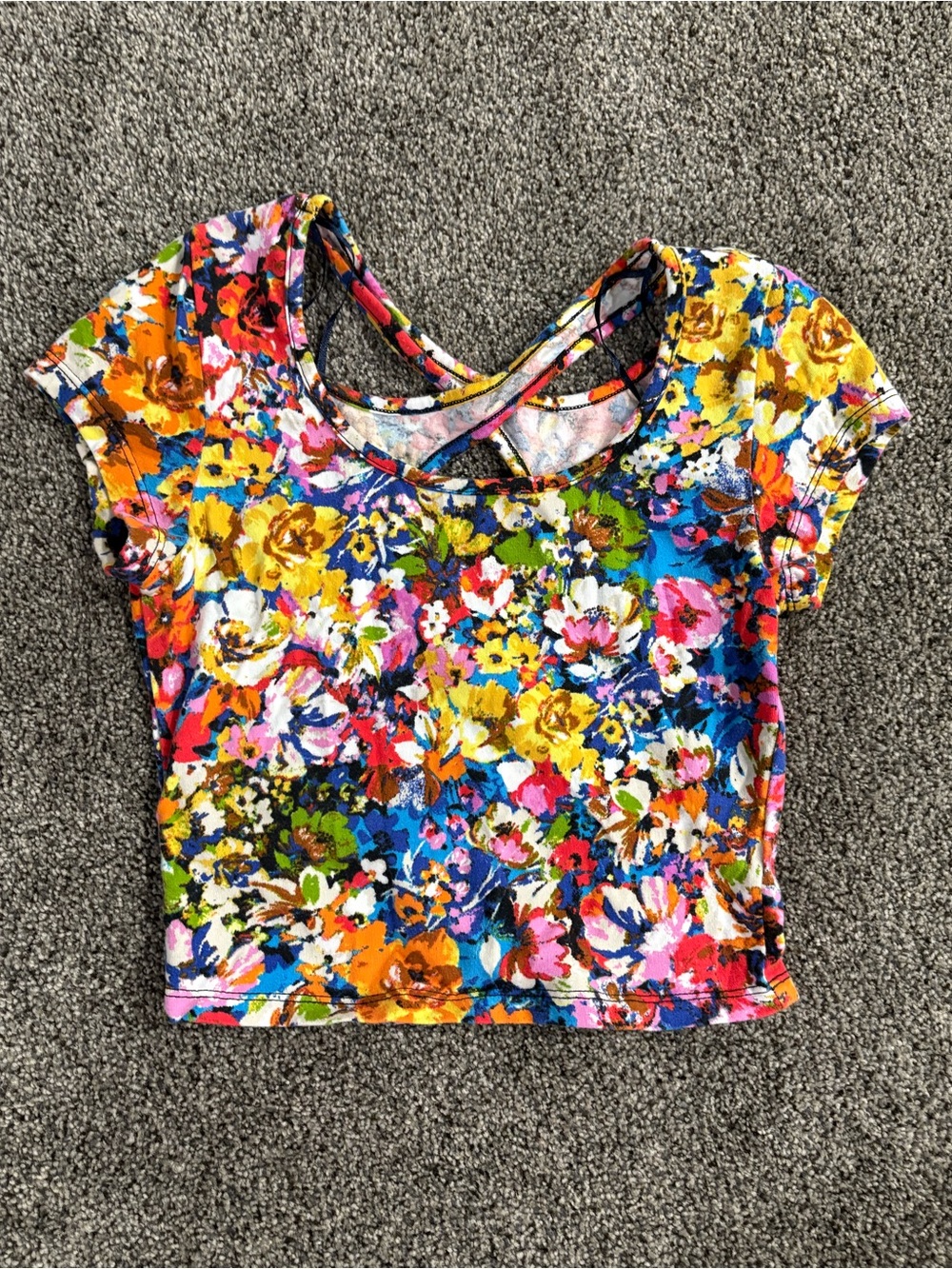 Ambiance Multicolor Floral Cross-Back Crop Top - Yellow, Blue, Pink